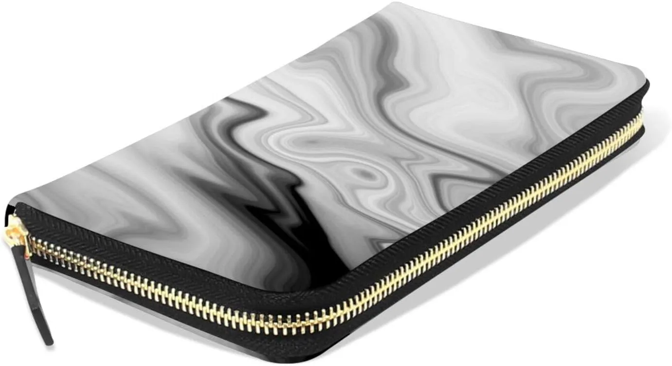 Black White Liquid Marble Agate Slab Paint Pastel Macro Wavy Leather Long Wallet Organizer with Zipper Purse Clutch Bag for Women Men Key Card Coin Passport Checkbook 8 x 4 inch