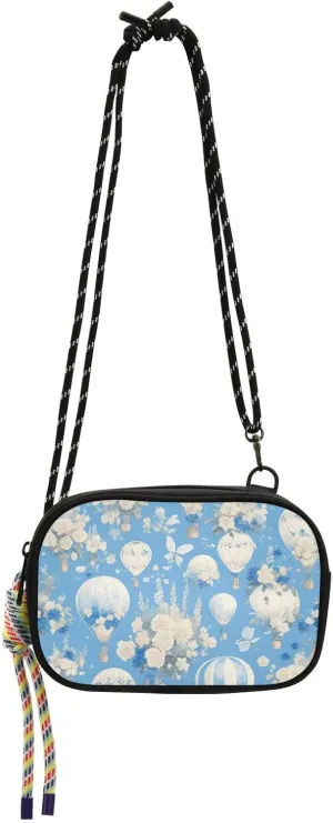 Blue and White Romantic Hot Air Balloon Flowers Black Crossbody Bag for Women Beauty with Credit Card Slots Over Shoulder Purse Take a walk bolsos de hombro para mujer