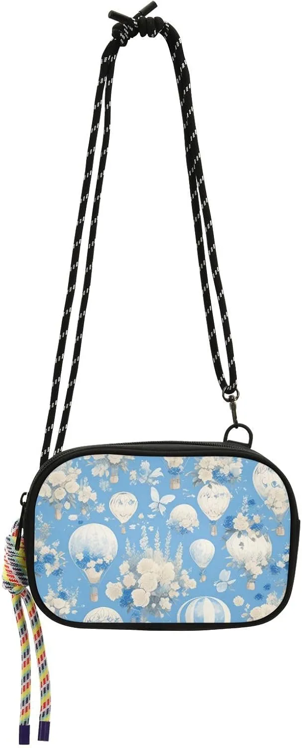 Blue and White Romantic Hot Air Balloon Flowers Black Crossbody Bag for Women Beauty with Credit Card Slots Over Shoulder Purse Take a walk bolsos de hombro para mujer