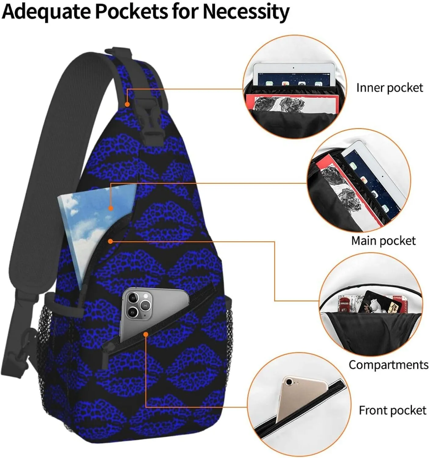 Blue Black Leopard Lips Crossbody Bag Cross Chest Bag Adjustable Sling Backpack Sports Gym Shoulder Bags Travel Cycling Daypack Diagonally Casual Rucksack