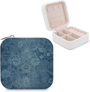 Blue Floral Lace Jewelry Box Travel Jewelry Organizer Multi-functional Mini Travel Case Holder for Women Stud Earrings Rings Necklaces Pendant Bracelets Storage