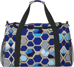 Blue Hexagons And Diamond Travel Duffel Bag With Zippers And Handles, Big Foldable Duffle Bag For Family Vacations