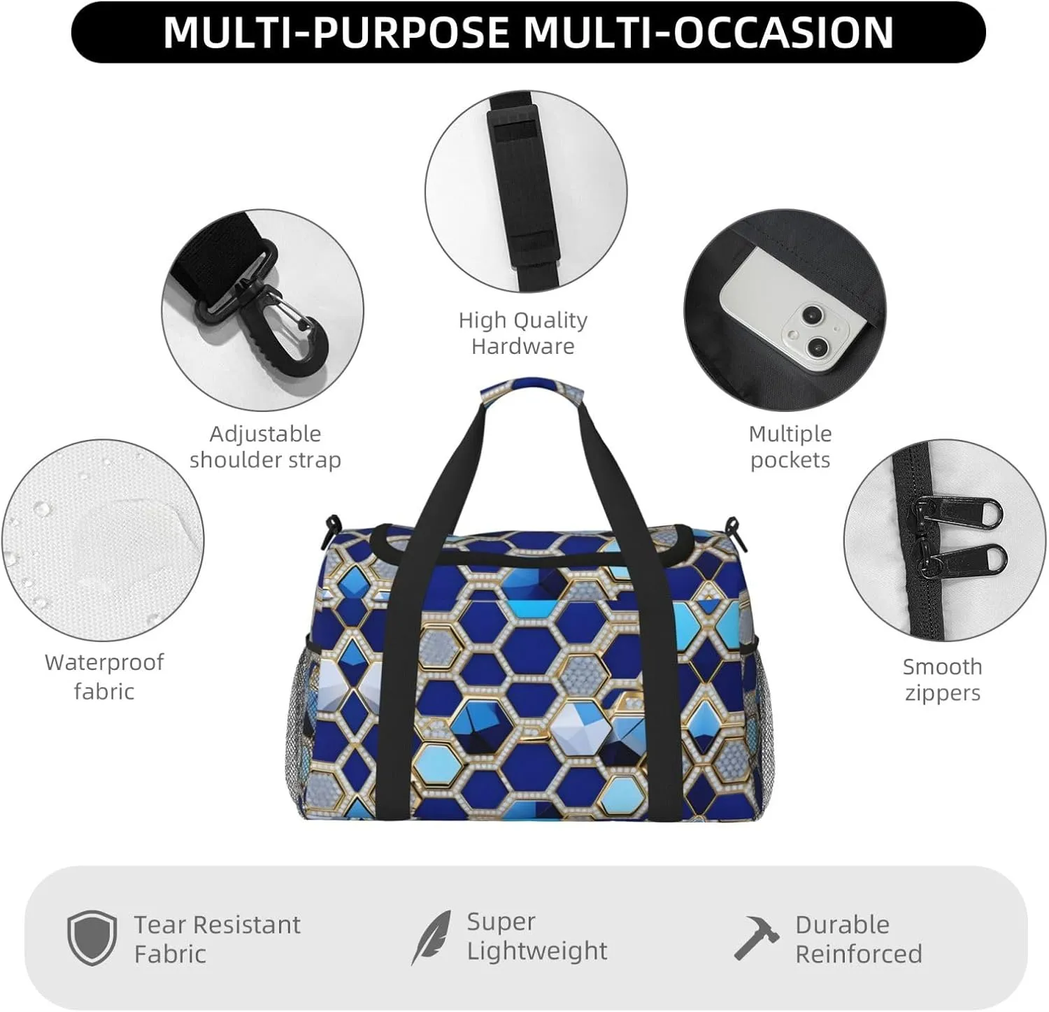 Blue Hexagons And Diamond Travel Duffel Bag With Zippers And Handles, Big Foldable Duffle Bag For Family Vacations