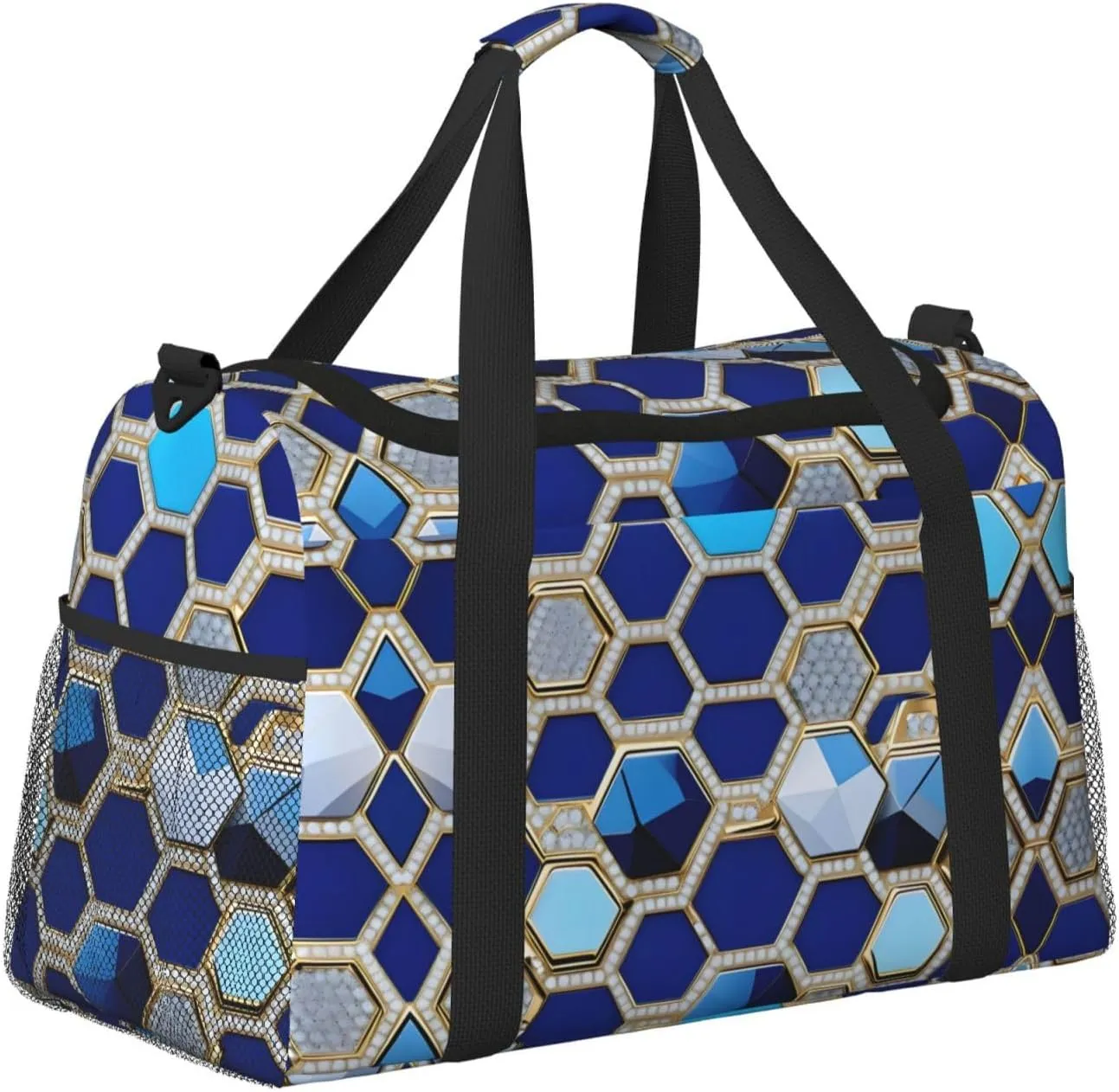 Blue Hexagons And Diamond Travel Duffel Bag With Zippers And Handles, Big Foldable Duffle Bag For Family Vacations