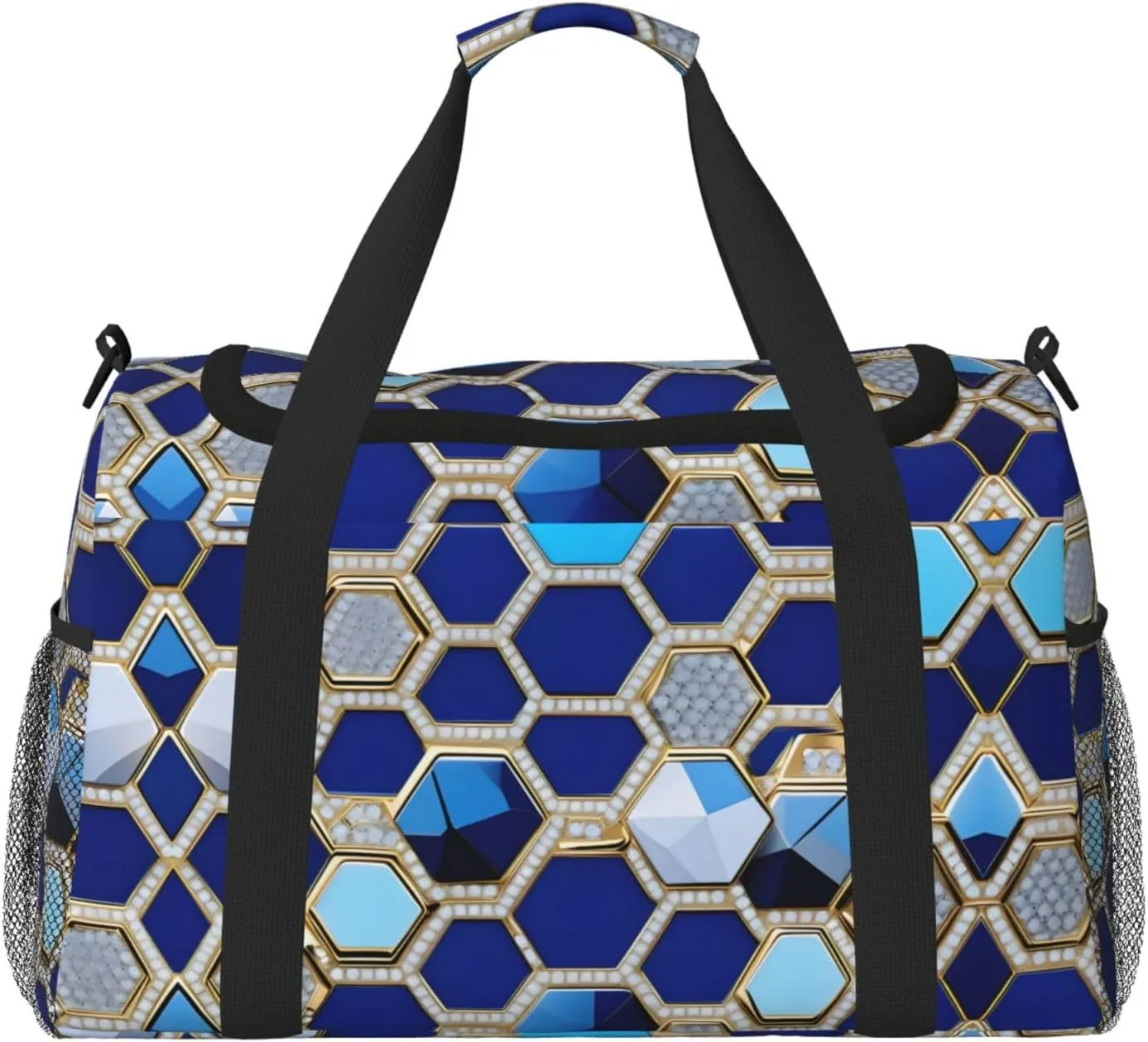 Blue Hexagons And Diamond Travel Duffel Bag With Zippers And Handles, Big Foldable Duffle Bag For Family Vacations