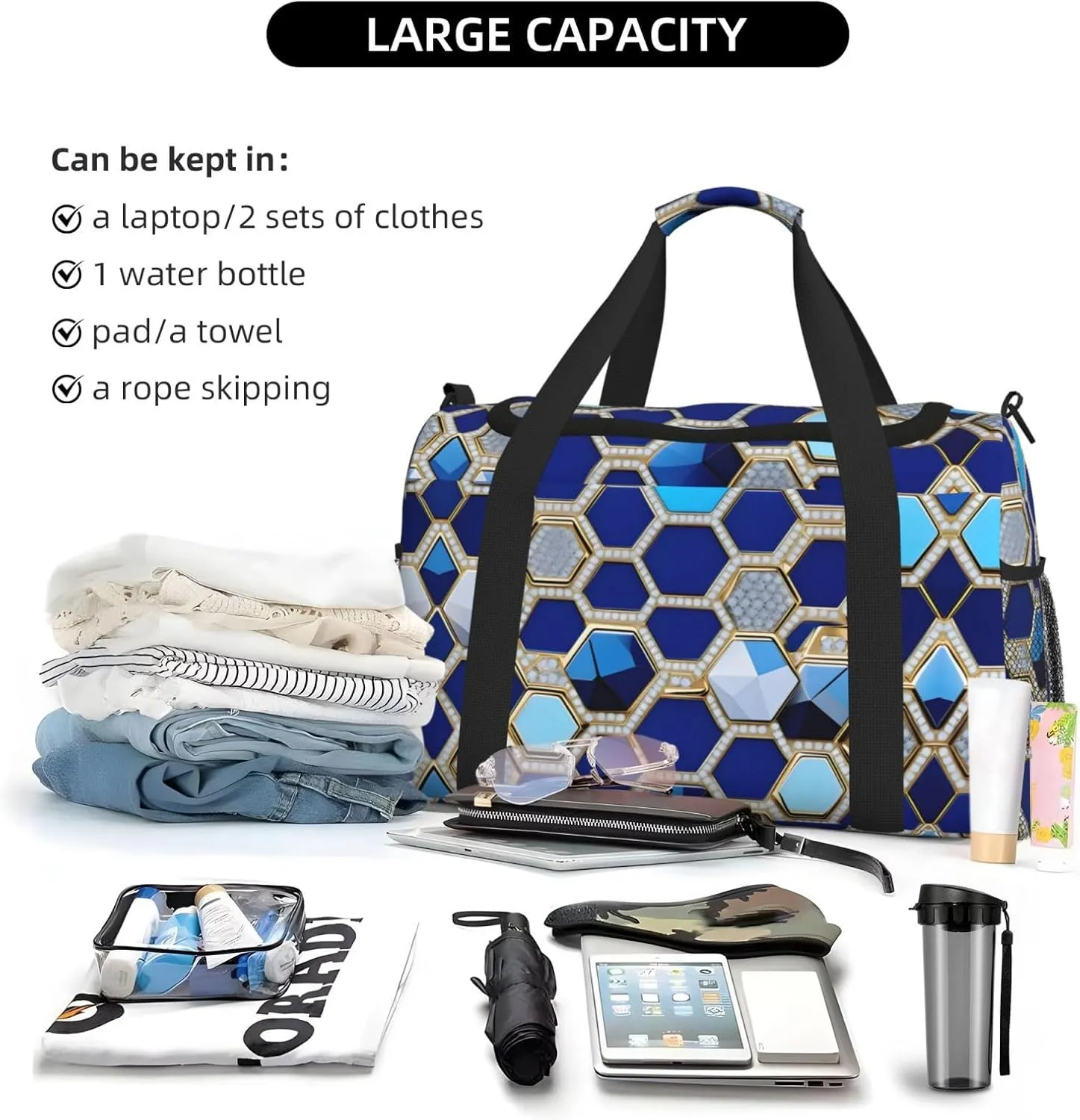 Blue Hexagons And Diamond Travel Duffel Bag With Zippers And Handles, Big Foldable Duffle Bag For Family Vacations