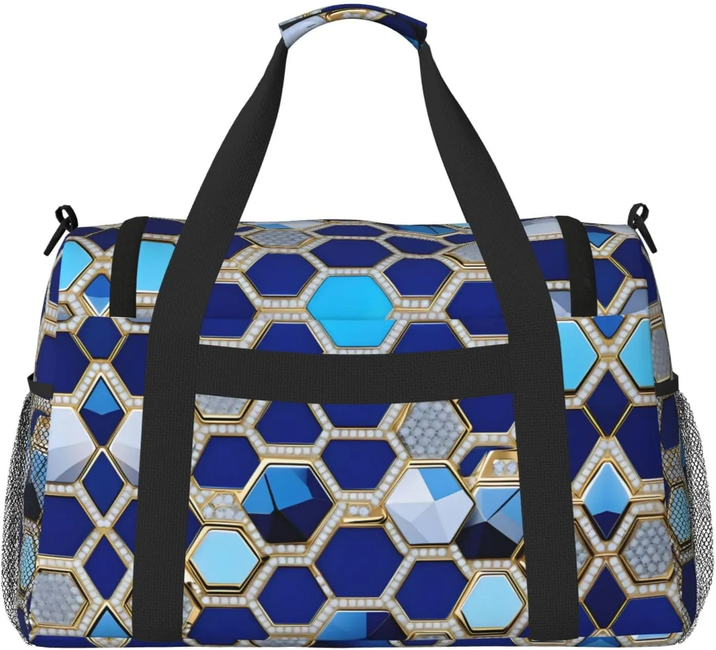 Blue Hexagons And Diamond Travel Duffel Bag With Zippers And Handles, Big Foldable Duffle Bag For Family Vacations