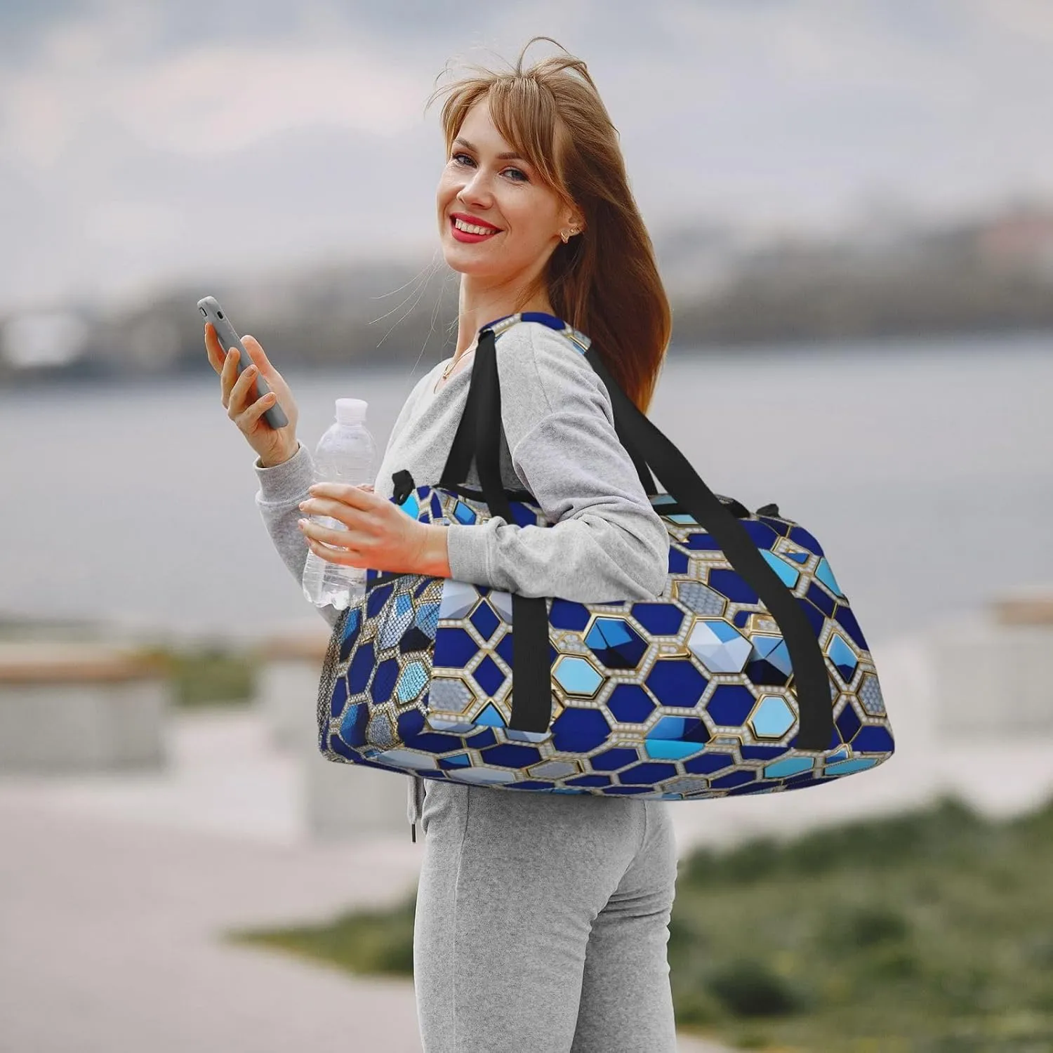 Blue Hexagons And Diamond Travel Duffel Bag With Zippers And Handles, Big Foldable Duffle Bag For Family Vacations