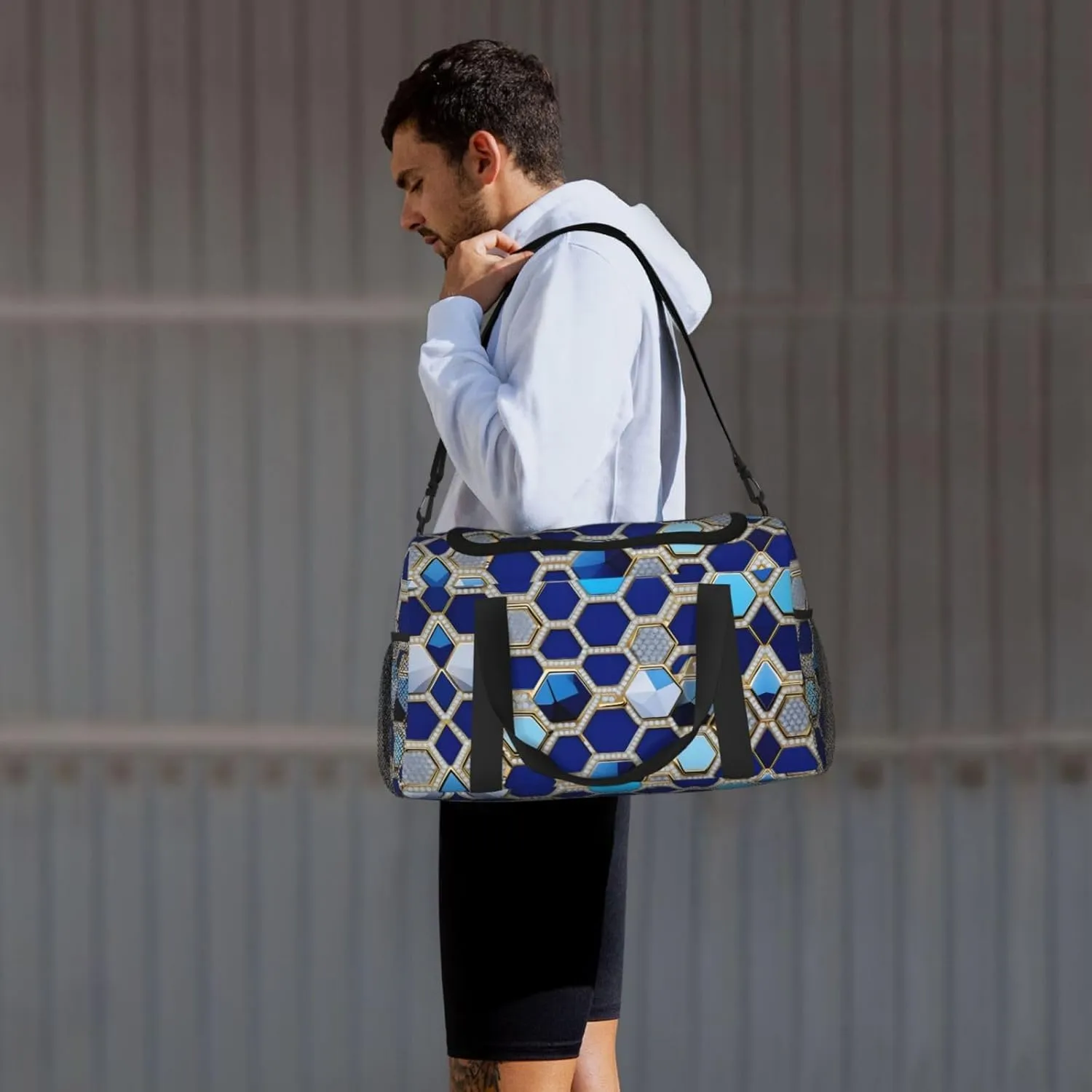 Blue Hexagons And Diamond Travel Duffel Bag With Zippers And Handles, Big Foldable Duffle Bag For Family Vacations