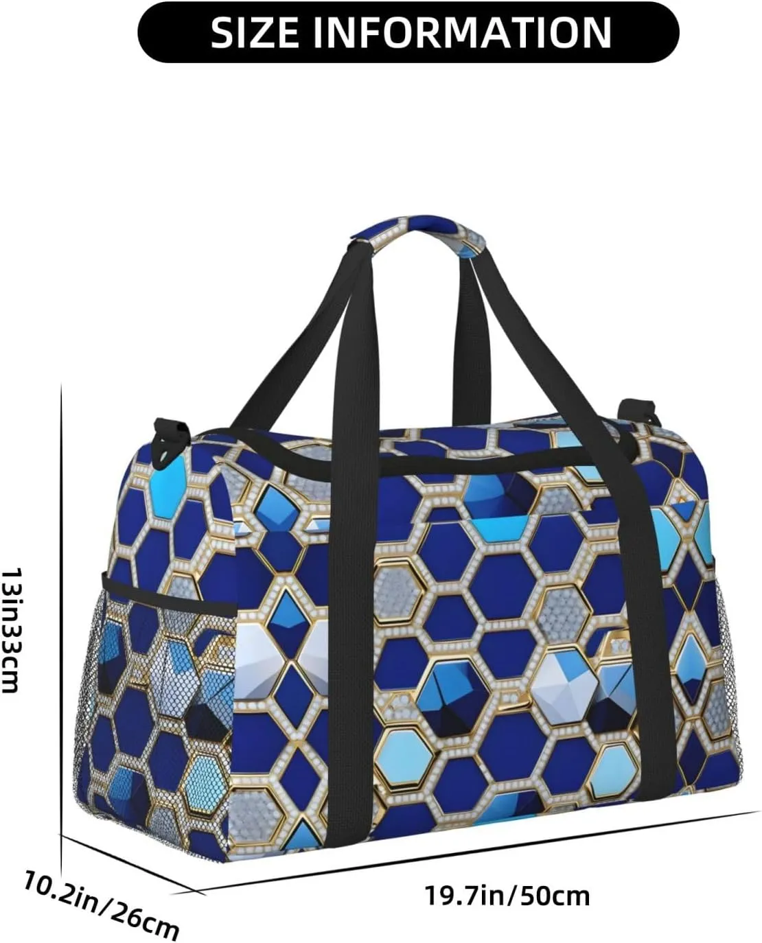 Blue Hexagons And Diamond Travel Duffel Bag With Zippers And Handles, Big Foldable Duffle Bag For Family Vacations