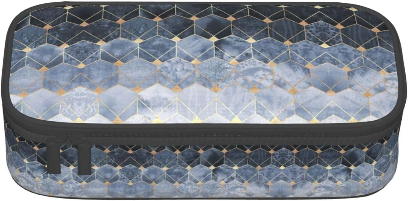 Blue Hexagons And Diamonds Print Pencil Case,Pencil Pouch With Zipper Compartments,Pen Holder Bag/Organizer