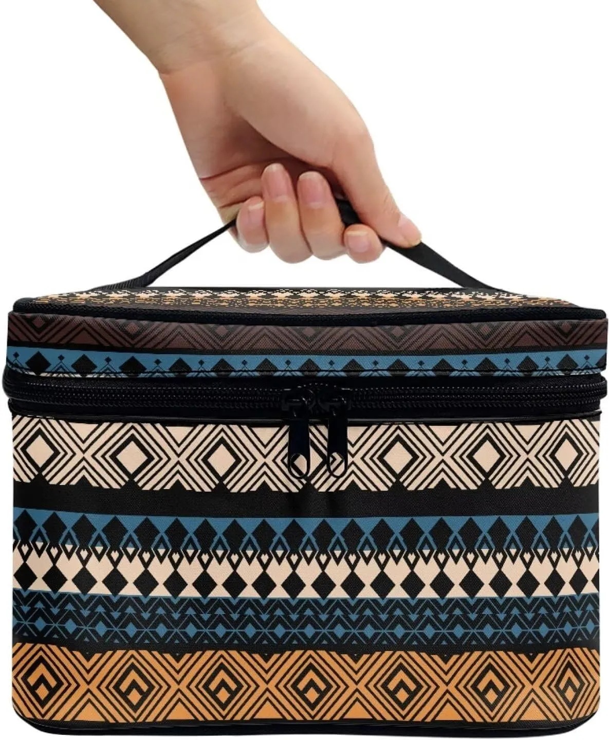 Boho Ethnic Make up Bag Portable Cosmetic Storage Bag Aztec Tribal Print Make up Bag Lightweight Travel Handbag Portable Toiletry Bag with Handle