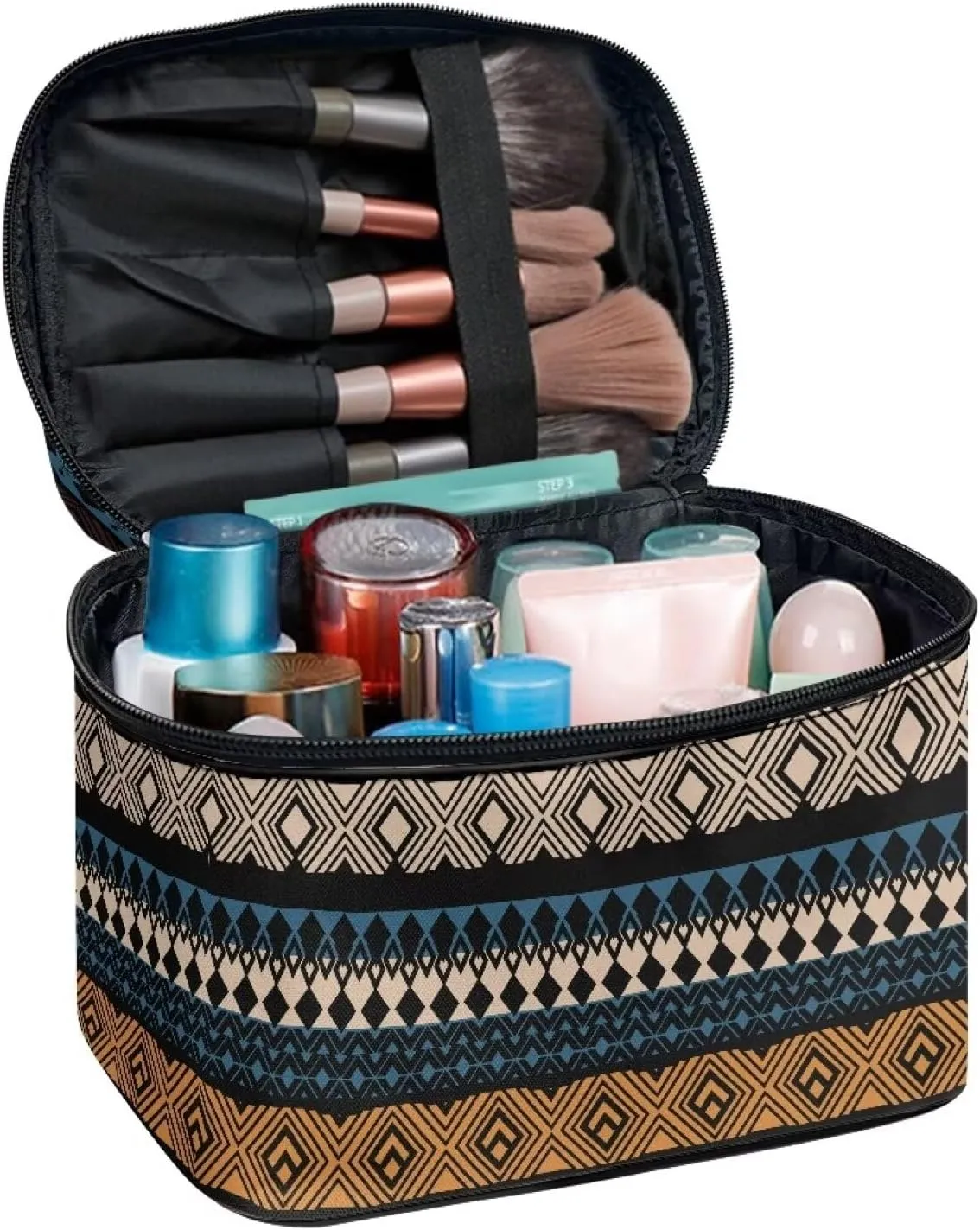 Boho Ethnic Make up Bag Portable Cosmetic Storage Bag Aztec Tribal Print Make up Bag Lightweight Travel Handbag Portable Toiletry Bag with Handle