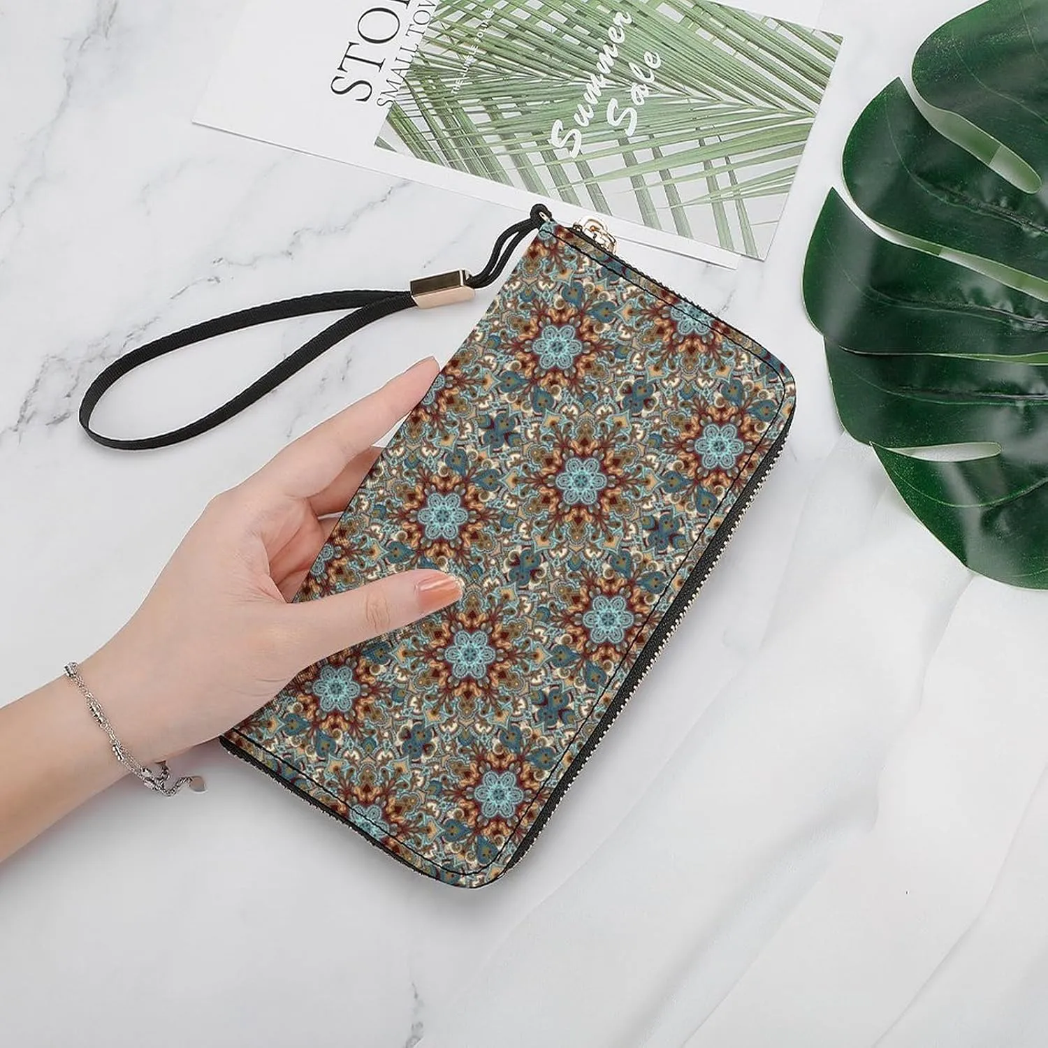 Boho Flower Women's Leather Long Large Capacity Wallet Clutch Wallet with Hand Strap, 20x10.5cm, style-8-1