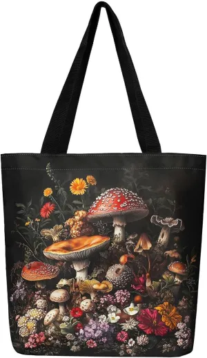 Boho Mushroom Reusable Grocery Bag Mushroom Canvas Tote Bag With Pocket Plant Shopping Bag Wolf Shoulder Bag