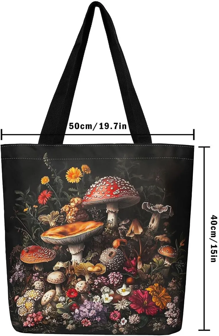 Boho Mushroom Reusable Grocery Bag Mushroom Canvas Tote Bag With Pocket Plant Shopping Bag Wolf Shoulder Bag