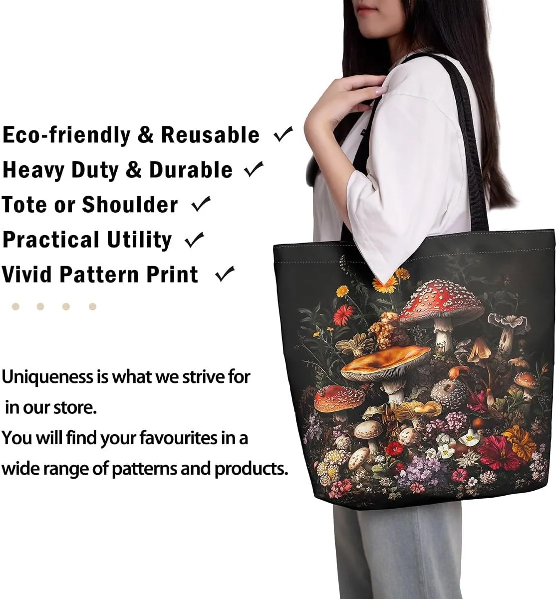 Boho Mushroom Reusable Grocery Bag Mushroom Canvas Tote Bag With Pocket Plant Shopping Bag Wolf Shoulder Bag