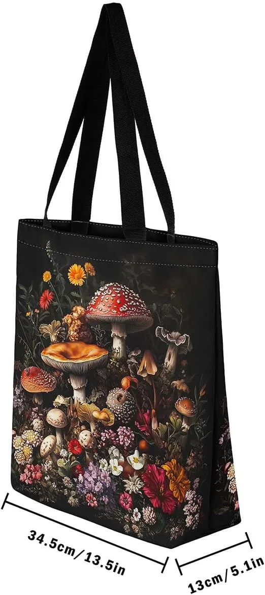 Boho Mushroom Reusable Grocery Bag Mushroom Canvas Tote Bag With Pocket Plant Shopping Bag Wolf Shoulder Bag