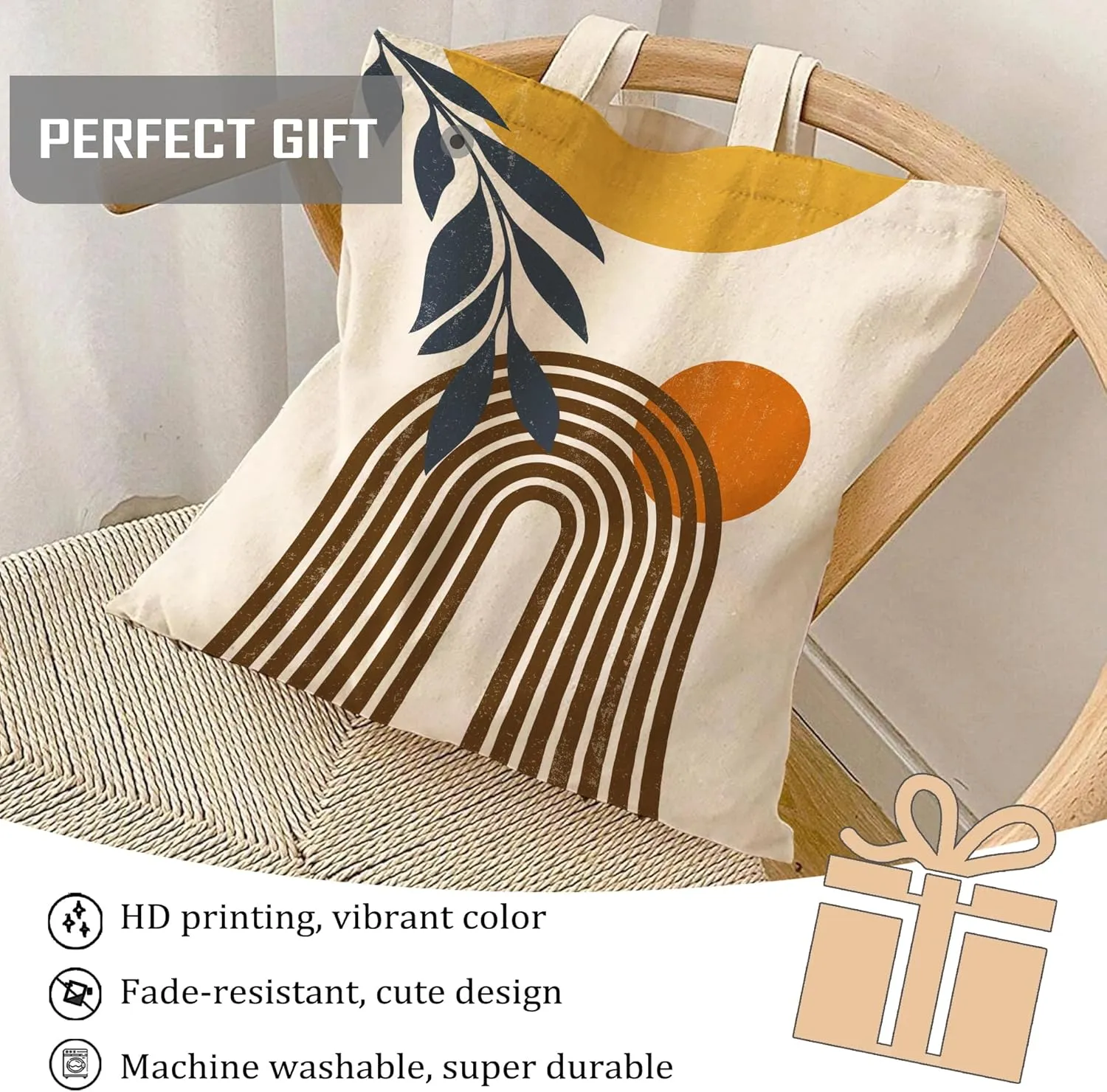 Boho Sun Abstract Art Canvas Tote Bag Shoulder Zipper Pocket Aesthetic Minimalist Print Personalized Women Teacher Lady Shopping Handbag College Book Reusable Grocery Work Storage Cloth Cotton