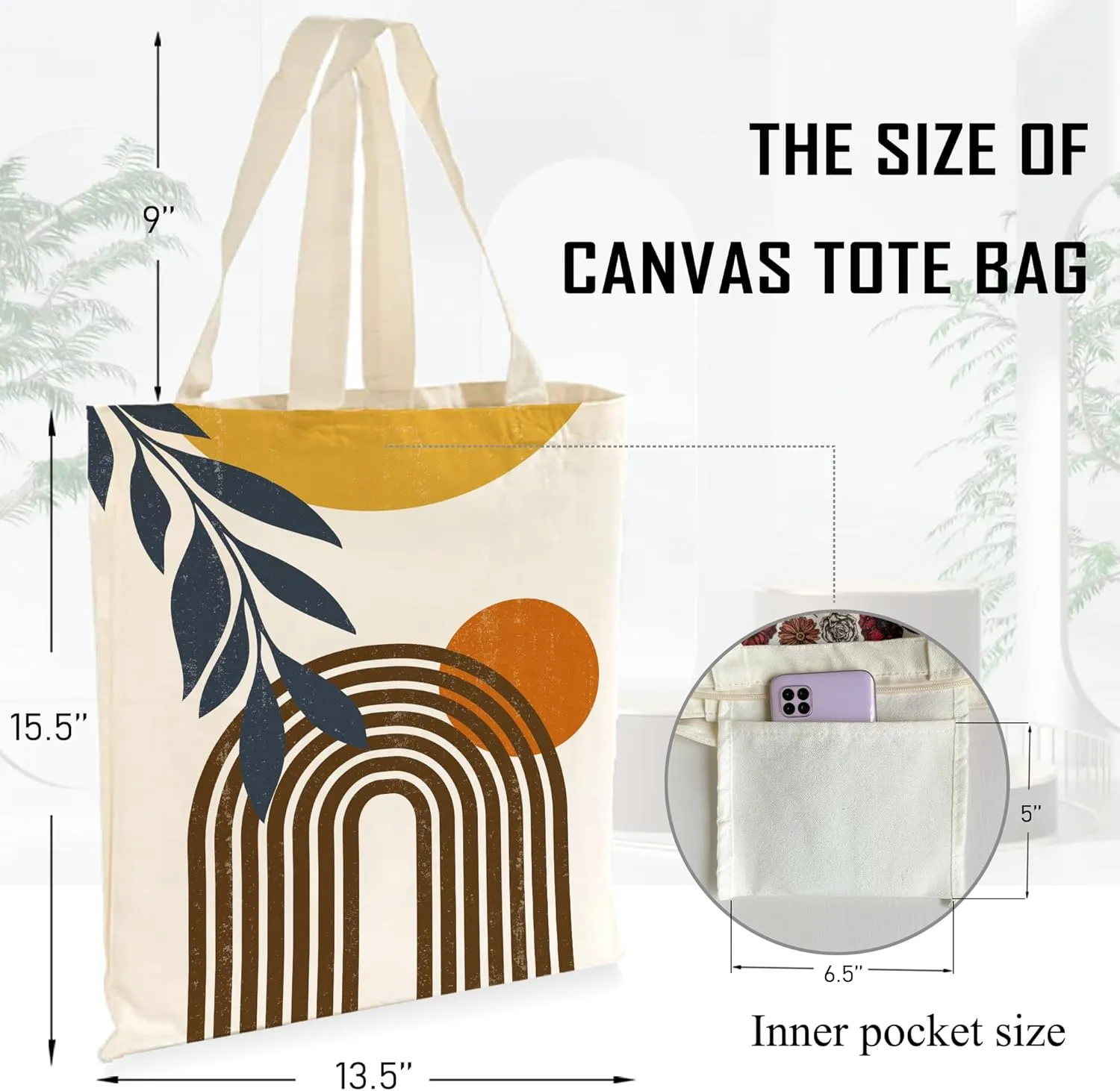 Boho Sun Abstract Art Canvas Tote Bag Shoulder Zipper Pocket Aesthetic Minimalist Print Personalized Women Teacher Lady Shopping Handbag College Book Reusable Grocery Work Storage Cloth Cotton