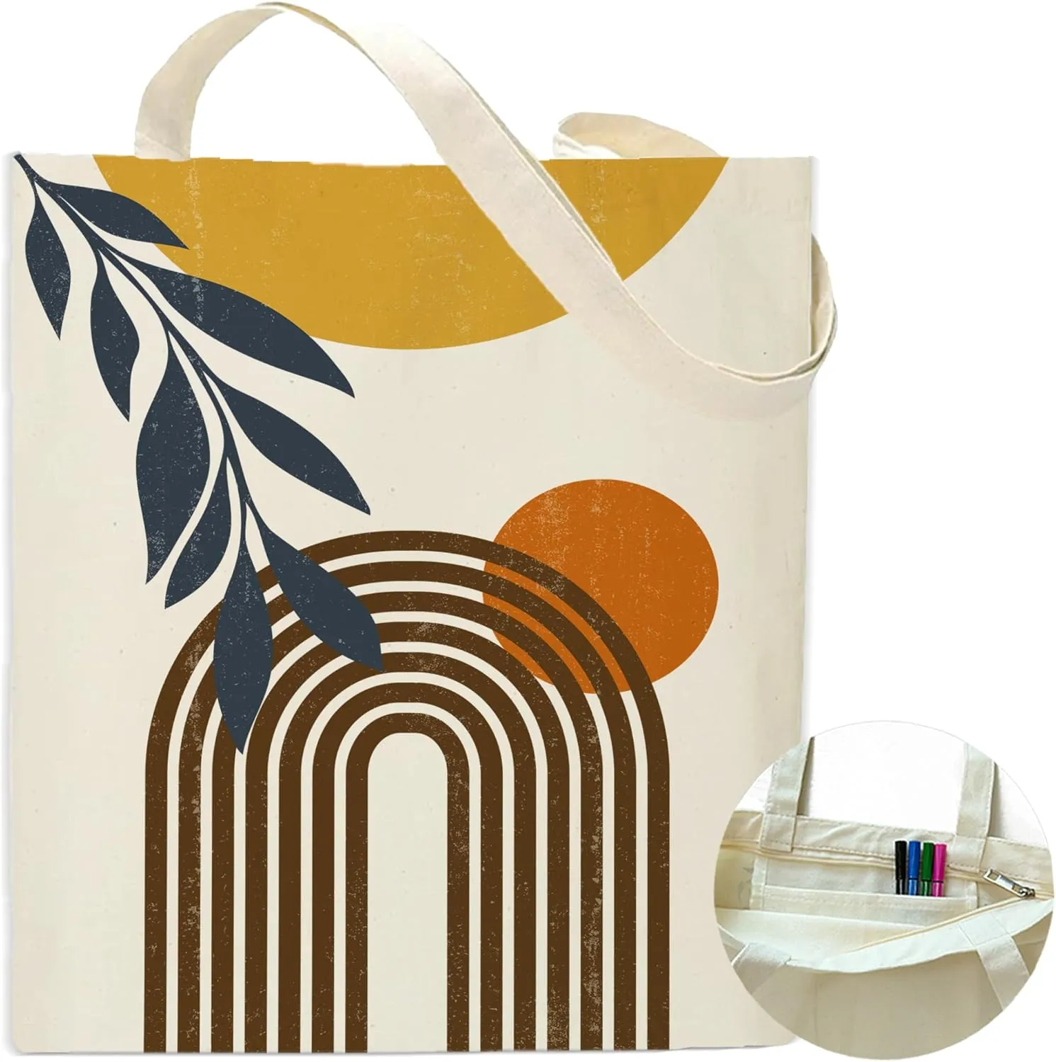 Boho Sun Abstract Art Canvas Tote Bag Shoulder Zipper Pocket Aesthetic Minimalist Print Personalized Women Teacher Lady Shopping Handbag College Book Reusable Grocery Work Storage Cloth Cotton