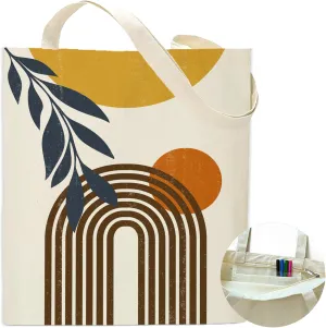 Boho Sun Abstract Art Canvas Tote Bag Shoulder Zipper Pocket Aesthetic Minimalist Print Personalized Women Teacher Lady Shopping Handbag College Book Reusable Grocery Work Storage Cloth Cotton