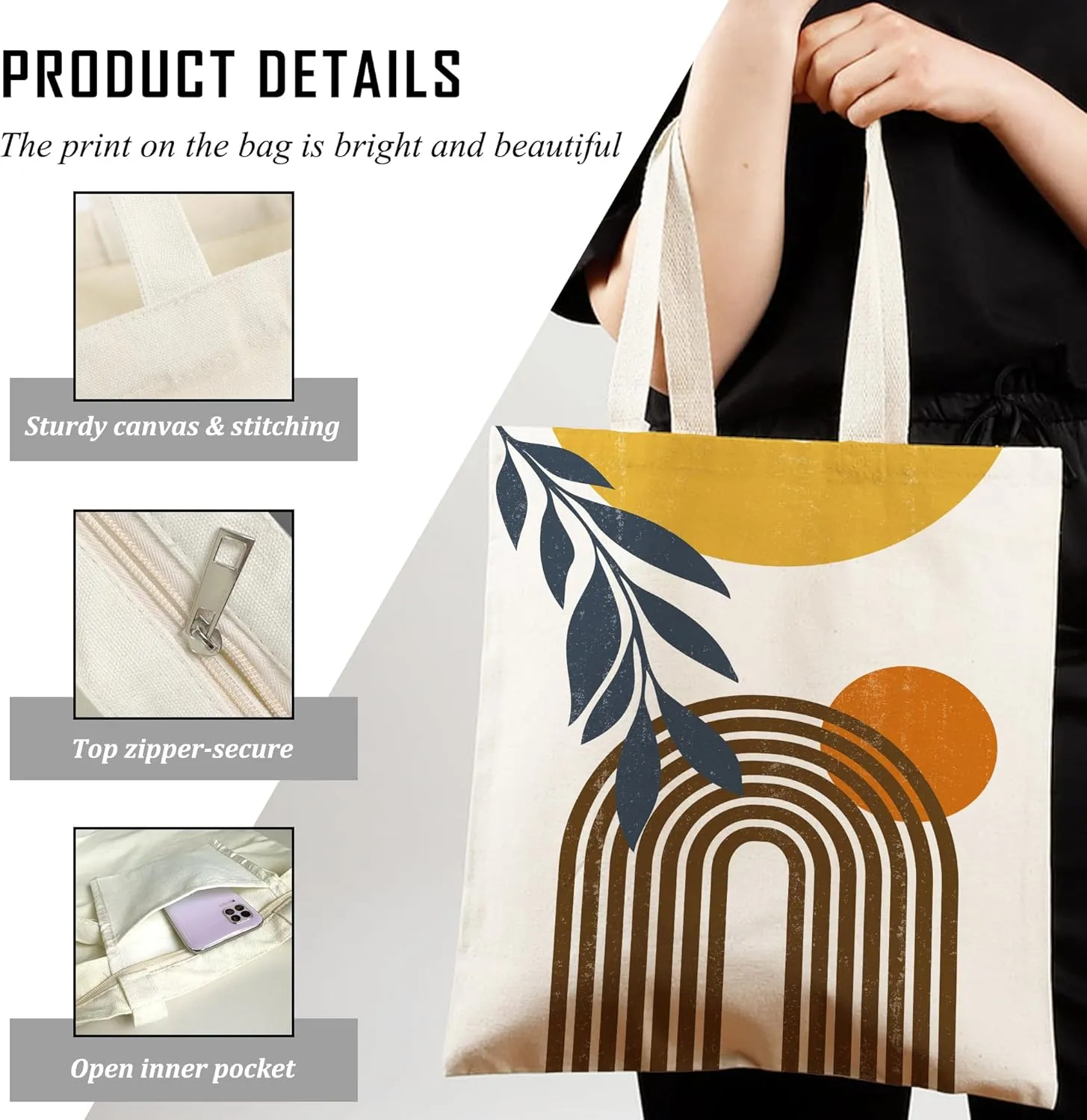 Boho Sun Abstract Art Canvas Tote Bag Shoulder Zipper Pocket Aesthetic Minimalist Print Personalized Women Teacher Lady Shopping Handbag College Book Reusable Grocery Work Storage Cloth Cotton