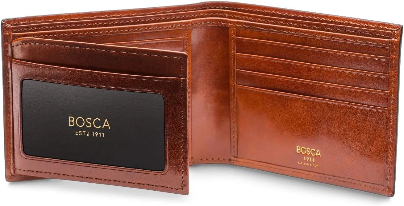 Bosca Men's Leather Wallet - Old Italia Bifold Wallet For Men Made From Full Grain Italian Leather, 11 Card Slots, ID Window, Divided Currency Well, Gift-Ready Packaging - Amber Brown