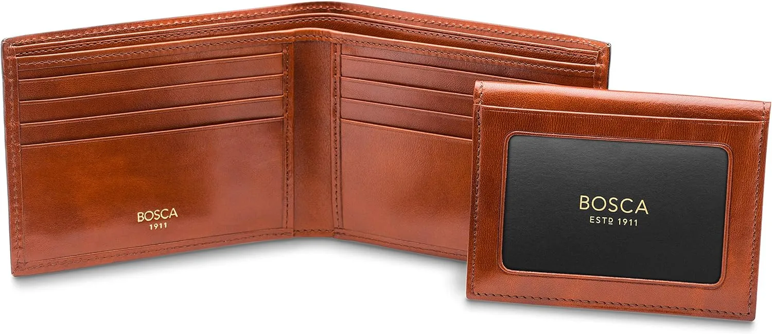 Bosca Men's Leather Wallet with Removable ID Passcase - Bifold Wallet for Men With 8 Card Slots, Premium Hand-Stained Leather With Gift Packaging, Amber Brown