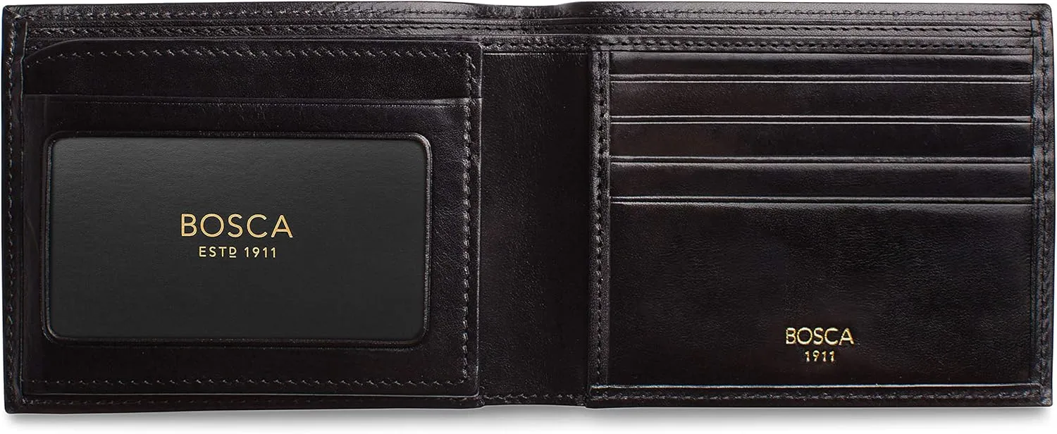 Bosca Men's Old Leather Bifold Wallet with ID Window and Card Slots - Italian Leather, Durable and Stylish, Black