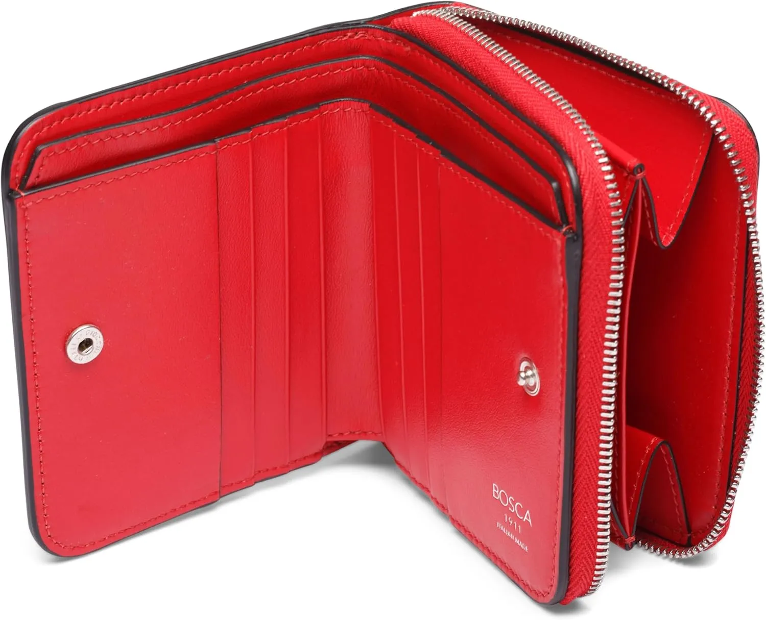 Bosca Women's Italian Leather Wallet, Handmade Monfrini Italia Bifold Wallet for Women RFID Blocking, Pebble Grained Large Slim Change Purse, 8 Card Slots, Zip Coin Purse, 4 Inches Red