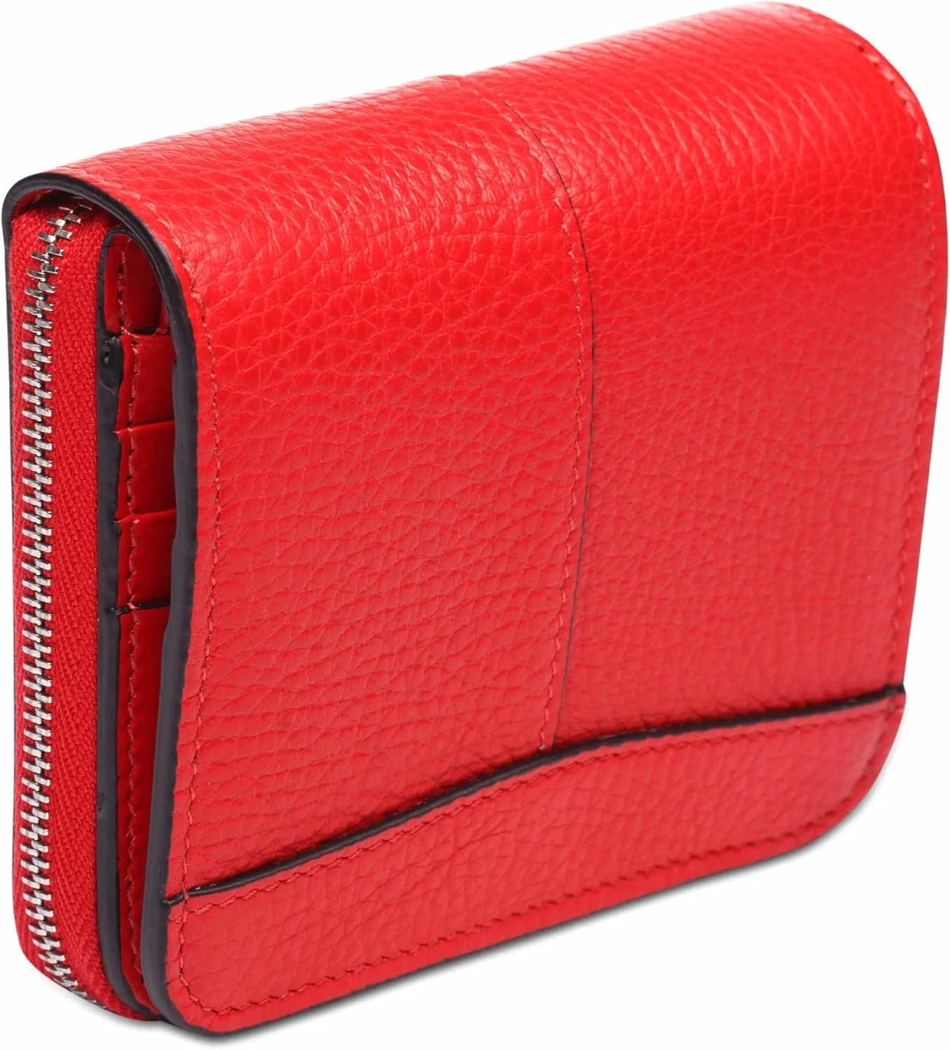 Bosca Women's Italian Leather Wallet, Handmade Monfrini Italia Bifold Wallet for Women RFID Blocking, Pebble Grained Large Slim Change Purse, 8 Card Slots, Zip Coin Purse, 4 Inches Red