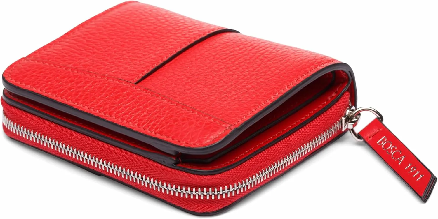 Bosca Women's Italian Leather Wallet, Handmade Monfrini Italia Bifold Wallet for Women RFID Blocking, Pebble Grained Large Slim Change Purse, 8 Card Slots, Zip Coin Purse, 4 Inches Red