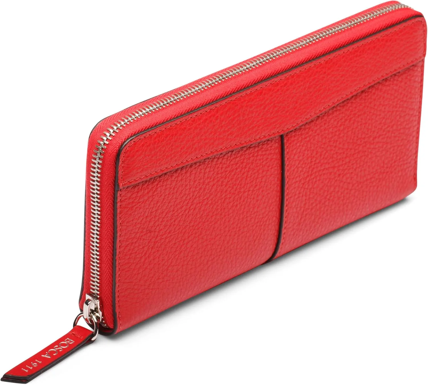 Bosca Womens Wallet - Slim Italian Leather Zip 8" Wallet For Women, Handmade in Italy - 12 Card Pockets, 2 Bill/Phone Pockets, Zipper Coin Pocket, Red