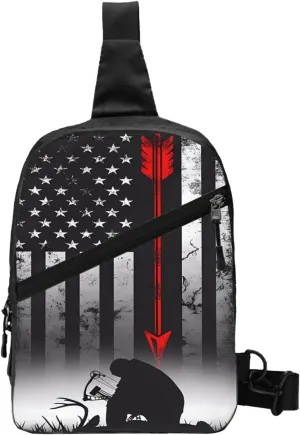 Bow Deer Hunting American Flag Portable Sling Bags Packable Crossbody Bag Foldable Sport Daypack Reusable Shoulder Backpack Diagonally Chest Bag for Workout Travel