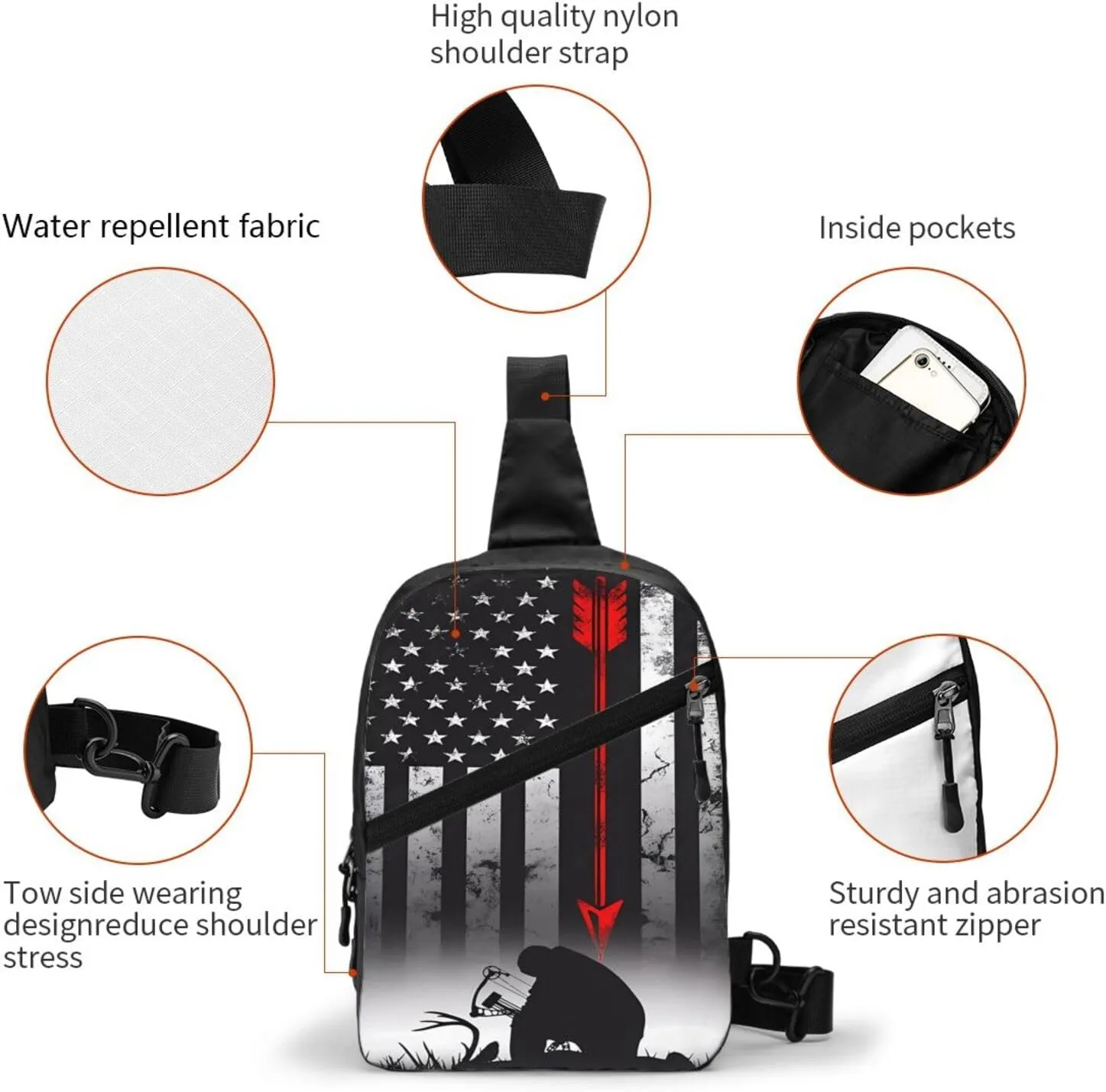 Bow Deer Hunting American Flag Portable Sling Bags Packable Crossbody Bag Foldable Sport Daypack Reusable Shoulder Backpack Diagonally Chest Bag for Workout Travel