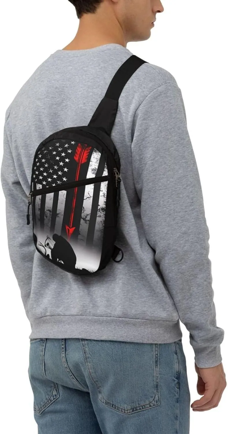 Bow Deer Hunting American Flag Portable Sling Bags Packable Crossbody Bag Foldable Sport Daypack Reusable Shoulder Backpack Diagonally Chest Bag for Workout Travel