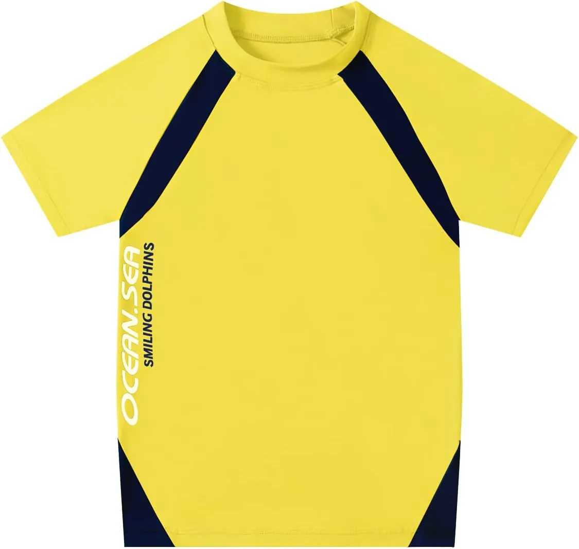 Boys Swimsuits Short Sleeve UPF 50  Sun Protection Rash Guard with Hat 2 Piece Kids Bathing Suit 4-14 Years