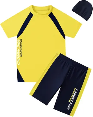 Boys Swimsuits Short Sleeve UPF 50  Sun Protection Rash Guard with Hat 2 Piece Kids Bathing Suit 4-14 Years