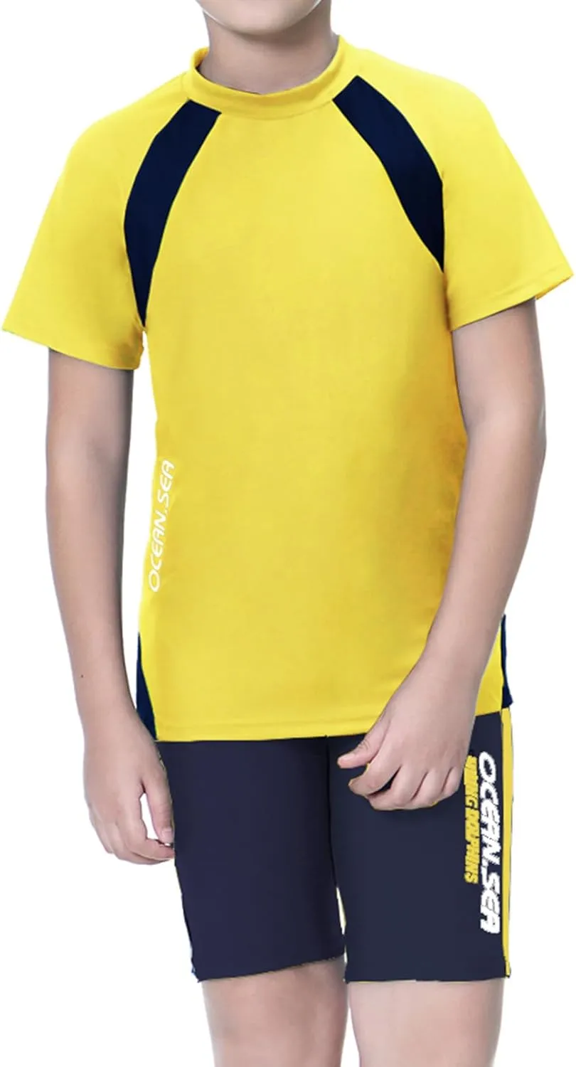 Boys Swimsuits Short Sleeve UPF 50  Sun Protection Rash Guard with Hat 2 Piece Kids Bathing Suit 4-14 Years