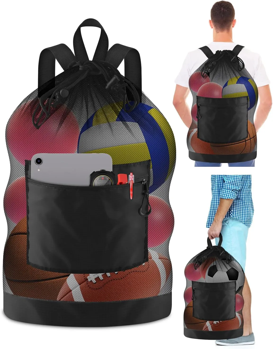 BROTOU Soccer Ball Bag with Double Shoulder Strap Large Mesh Sports Equipment Net Bag with Top Handle Heavy Duty Drawstring Bags Team Work for Basketball, Volleyball, Baseball, Swimming Gear