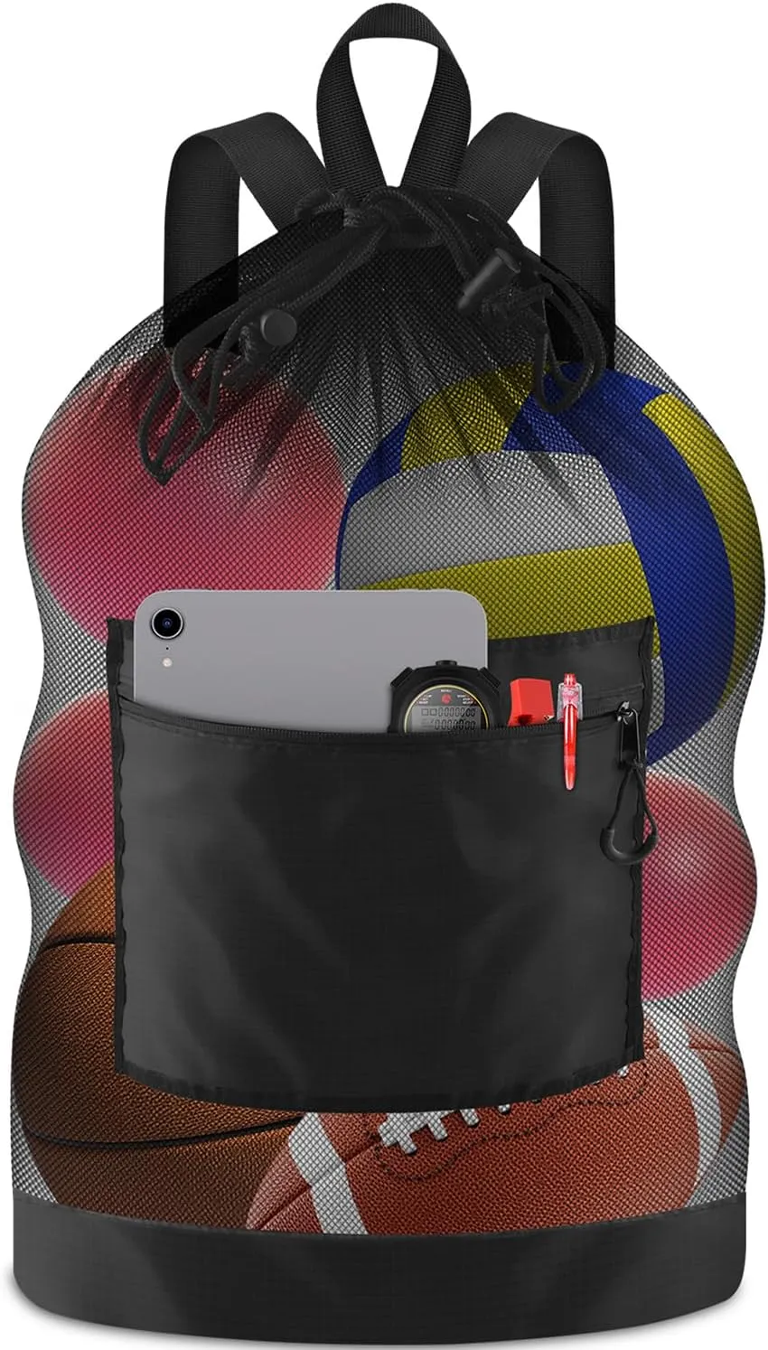 BROTOU Soccer Ball Bag with Double Shoulder Strap Large Mesh Sports Equipment Net Bag with Top Handle Heavy Duty Drawstring Bags Team Work for Basketball, Volleyball, Baseball, Swimming Gear