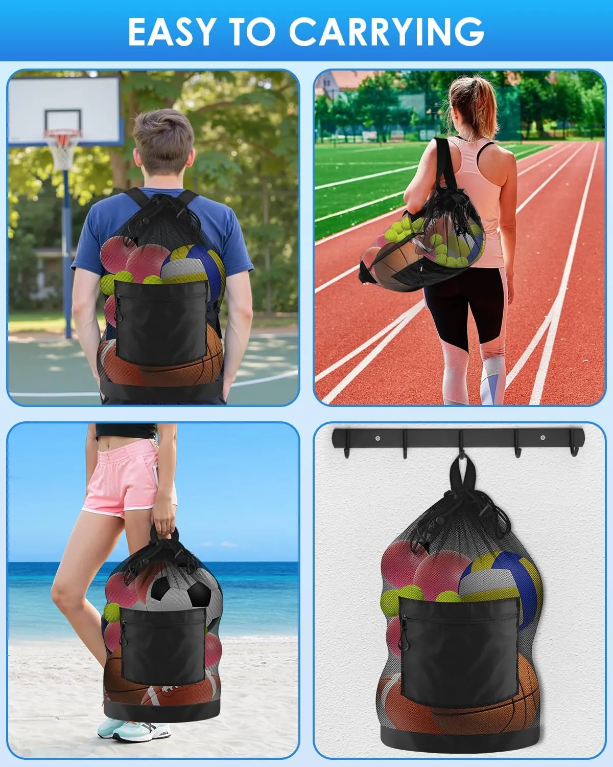 BROTOU Soccer Ball Bag with Double Shoulder Strap Large Mesh Sports Equipment Net Bag with Top Handle Heavy Duty Drawstring Bags Team Work for Basketball, Volleyball, Baseball, Swimming Gear