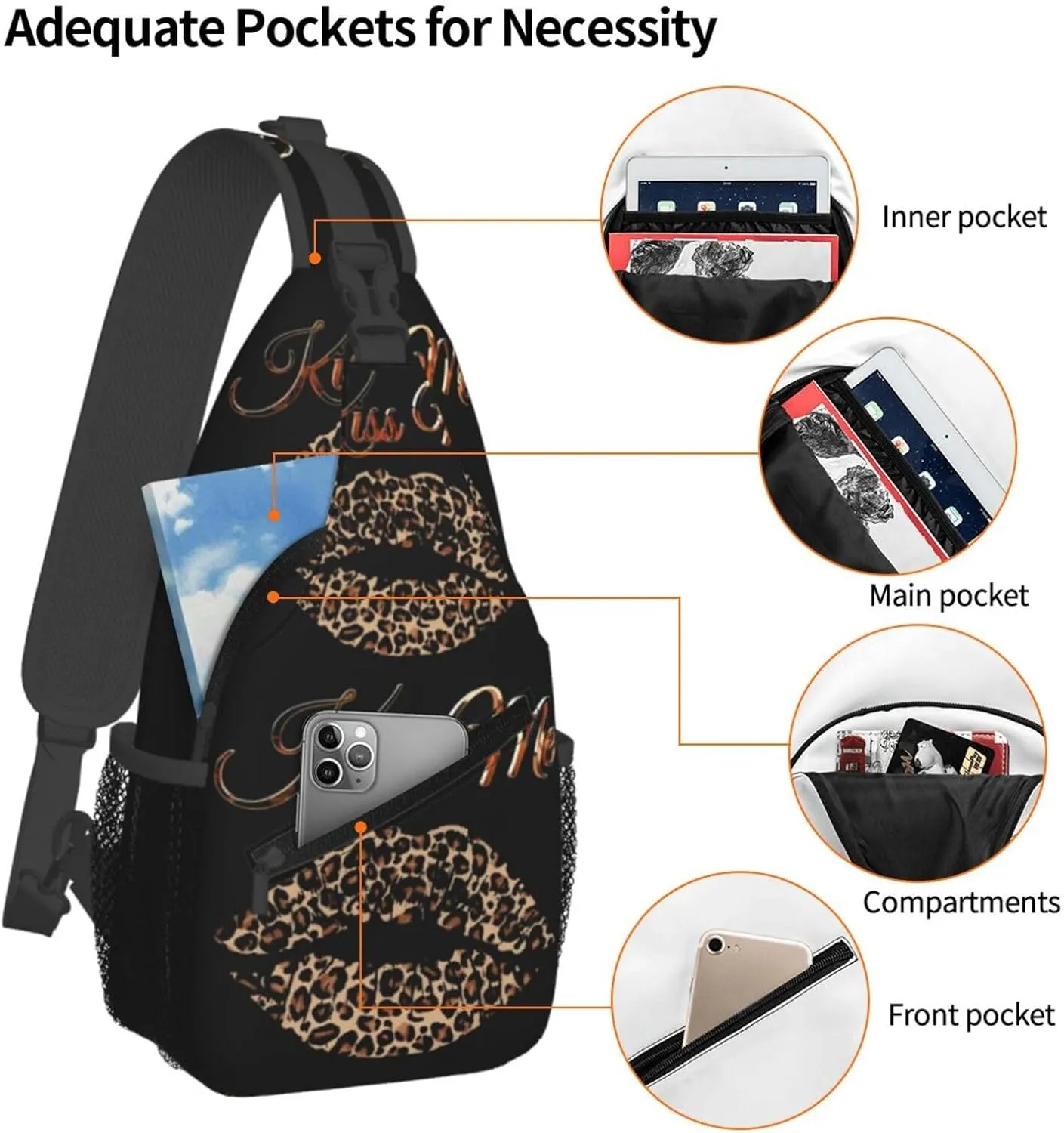 Brown Leopard Kissing Lips Crossbody Bag Cross Chest Bag Adjustable Sling Backpack Sports Gym Shoulder Bags Travel Cycling Daypack Diagonally Casual Rucksack