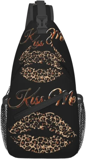 Brown Leopard Kissing Lips Crossbody Bag Cross Chest Bag Adjustable Sling Backpack Sports Gym Shoulder Bags Travel Cycling Daypack Diagonally Casual Rucksack