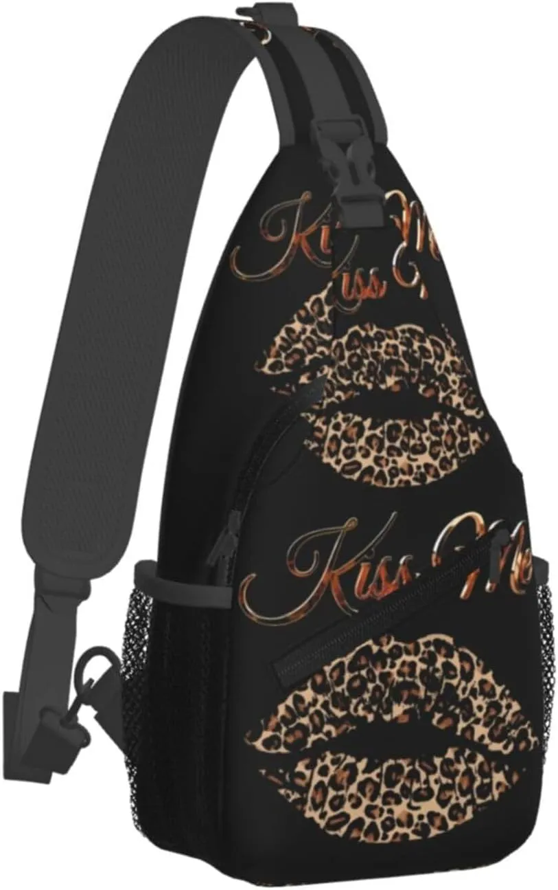 Brown Leopard Kissing Lips Crossbody Bag Cross Chest Bag Adjustable Sling Backpack Sports Gym Shoulder Bags Travel Cycling Daypack Diagonally Casual Rucksack
