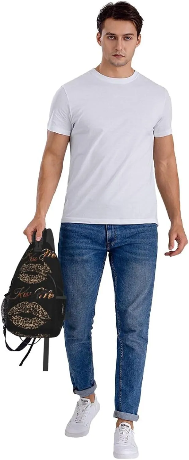Brown Leopard Kissing Lips Crossbody Bag Cross Chest Bag Adjustable Sling Backpack Sports Gym Shoulder Bags Travel Cycling Daypack Diagonally Casual Rucksack