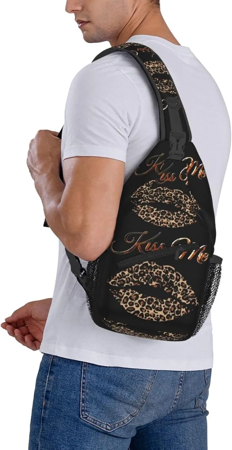 Brown Leopard Kissing Lips Crossbody Bag Cross Chest Bag Adjustable Sling Backpack Sports Gym Shoulder Bags Travel Cycling Daypack Diagonally Casual Rucksack