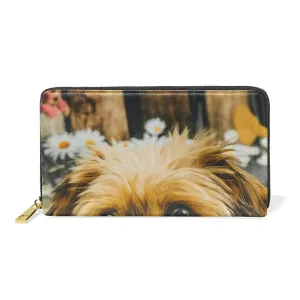 Brown Puppy Dog White Dasies Vintage Pattern Women Leather Zipper Long Wallet, Coin Clutch Pouch Pocket Key CardLarge Capacity Organizer Slim Cover Case Change Purse Holder