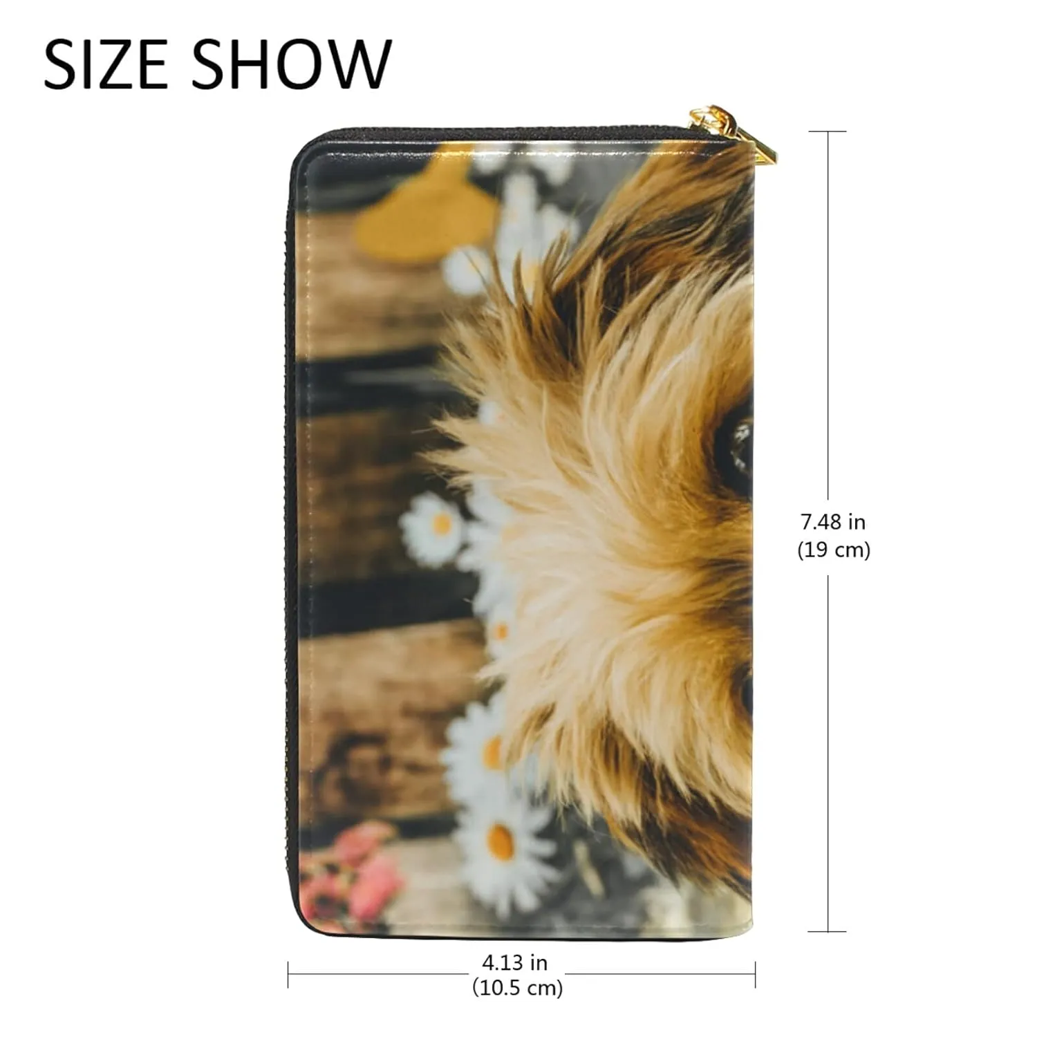 Brown Puppy Dog White Dasies Vintage Pattern Women Leather Zipper Long Wallet, Coin Clutch Pouch Pocket Key CardLarge Capacity Organizer Slim Cover Case Change Purse Holder